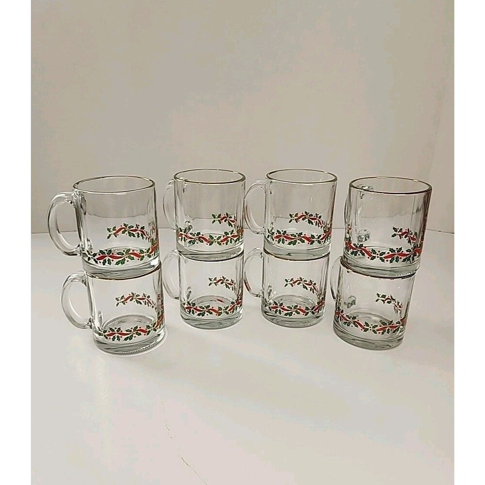Lot Of 8 Vintage LIBBEY Holly Ribbon Christmas Coffee Cups Gold Rim  4x3" FLAW